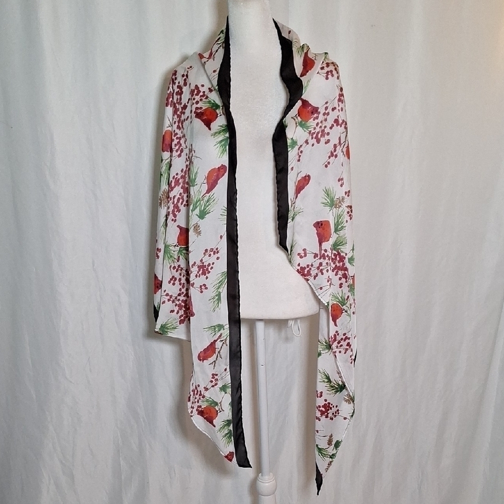 Bird and Floral Print Shawl with Black Edging